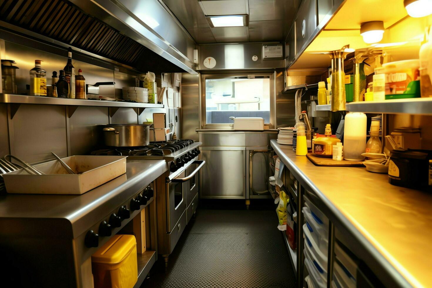 Inside clean kitchen of a modern restaurant or mini cafe with cooking utensils and small bar counter concept by AI Generated photo