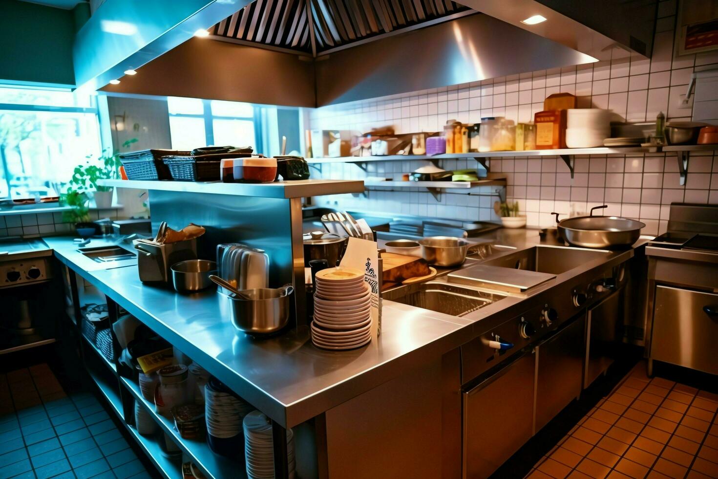 Inside clean kitchen of a modern restaurant or mini cafe with cooking utensils and small bar counter concept by AI Generated photo