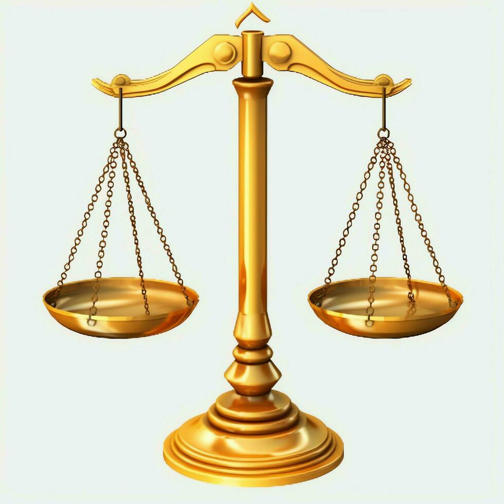 Clásico oro equilibrar escala medida o ley justicia símbolo. abogados día o mundo día de social justicia concepto por ai generado foto