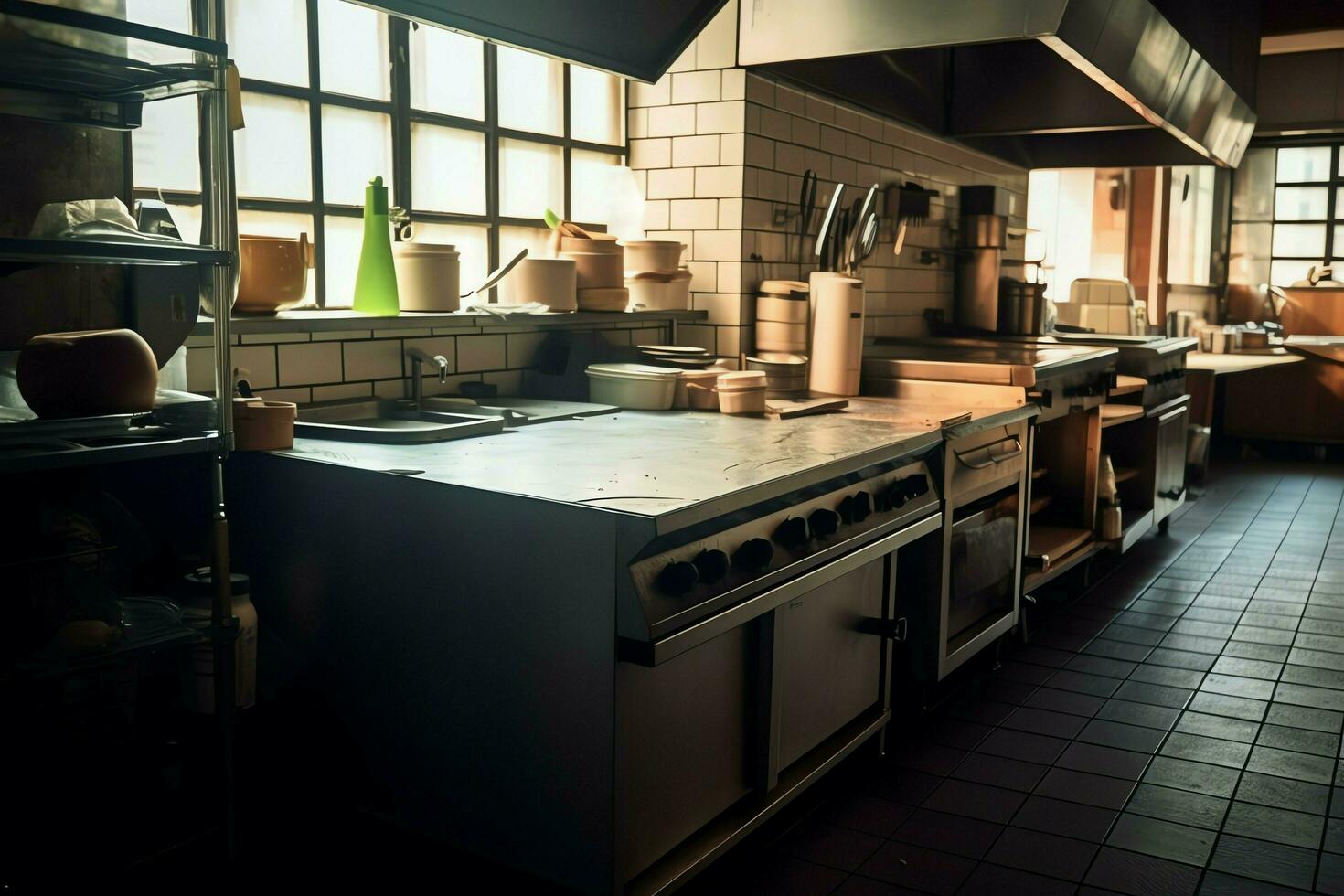 Inside clean kitchen of a modern restaurant or mini cafe with cooking utensils and small bar counter concept by AI Generated photo