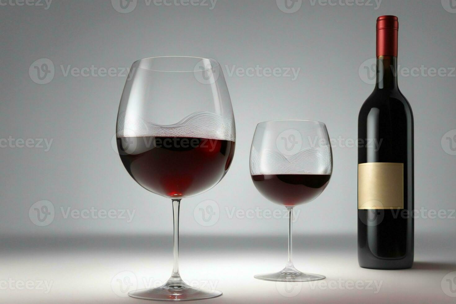 Red wine bottle and glasses filled with red wine, AI generative photo