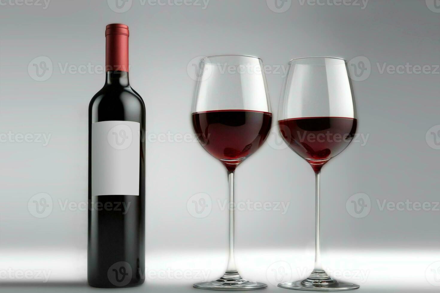 Red wine bottle and glasses filled with red wine, AI generative photo