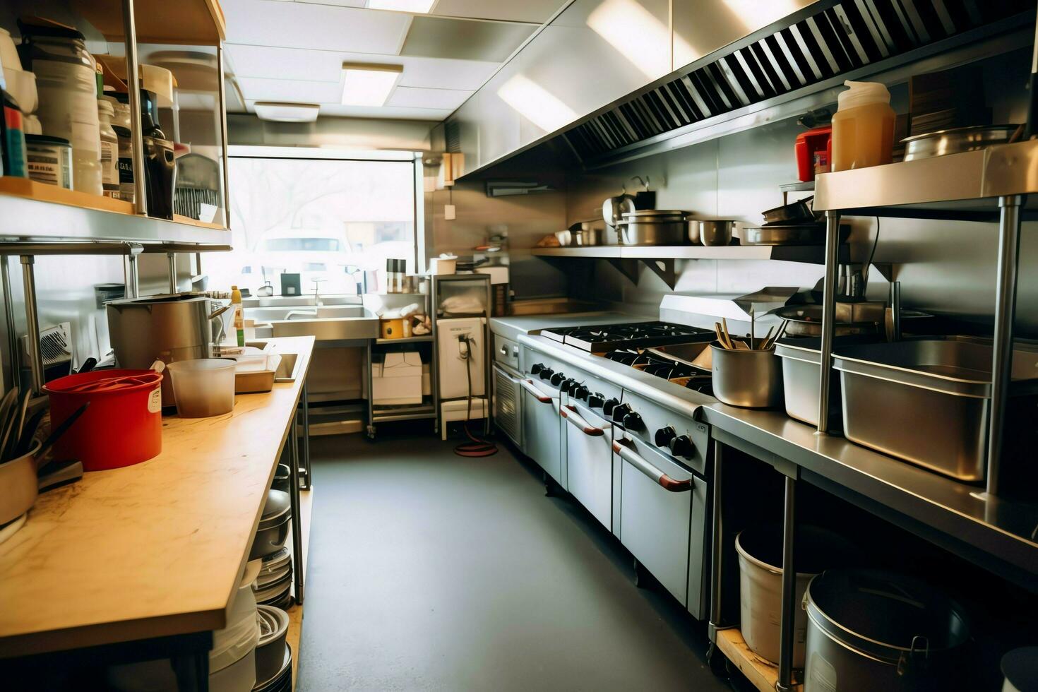 Inside clean kitchen of a modern restaurant or mini cafe with cooking utensils and small bar counter concept by AI Generated photo