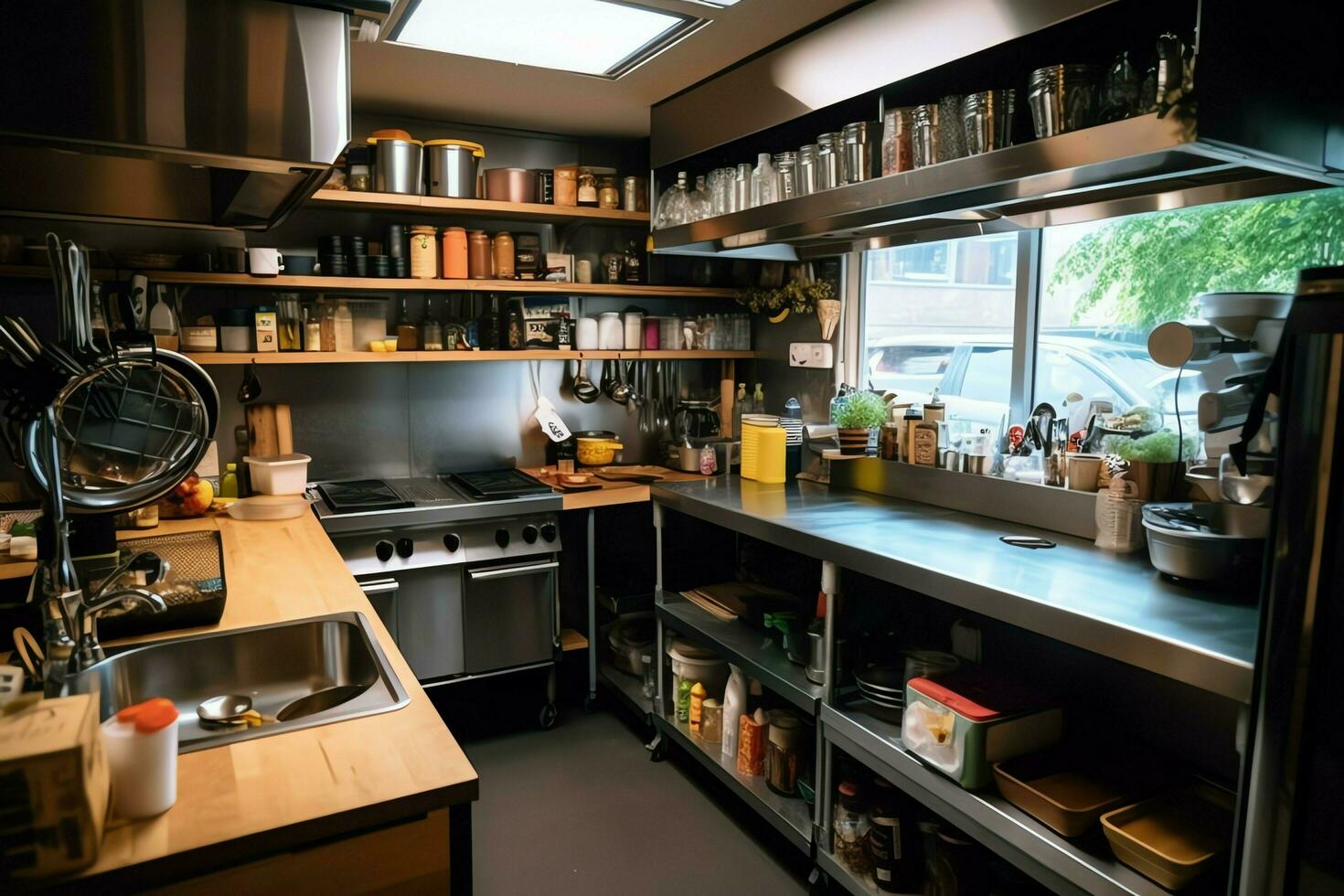 dentro limpiar cocina de un moderno restaurante o mini café con Cocinando utensilios y pequeño bar mostrador concepto por ai generado foto