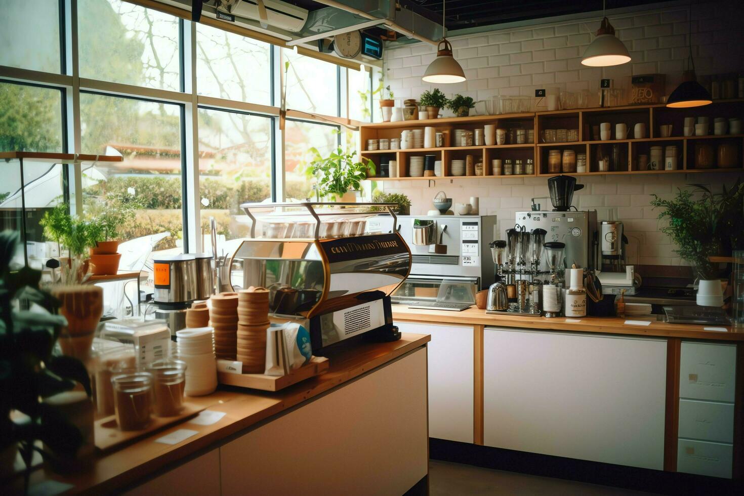 Inside clean kitchen of a modern restaurant or mini cafe with cooking utensils and small bar counter concept by AI Generated photo