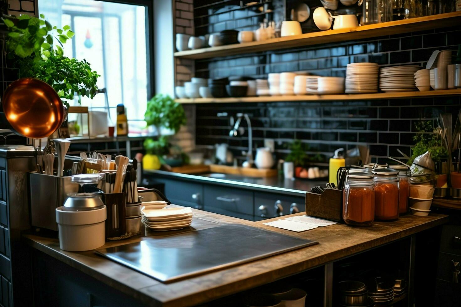 Inside clean kitchen of a modern restaurant or mini cafe with cooking utensils and small bar counter concept by AI Generated photo