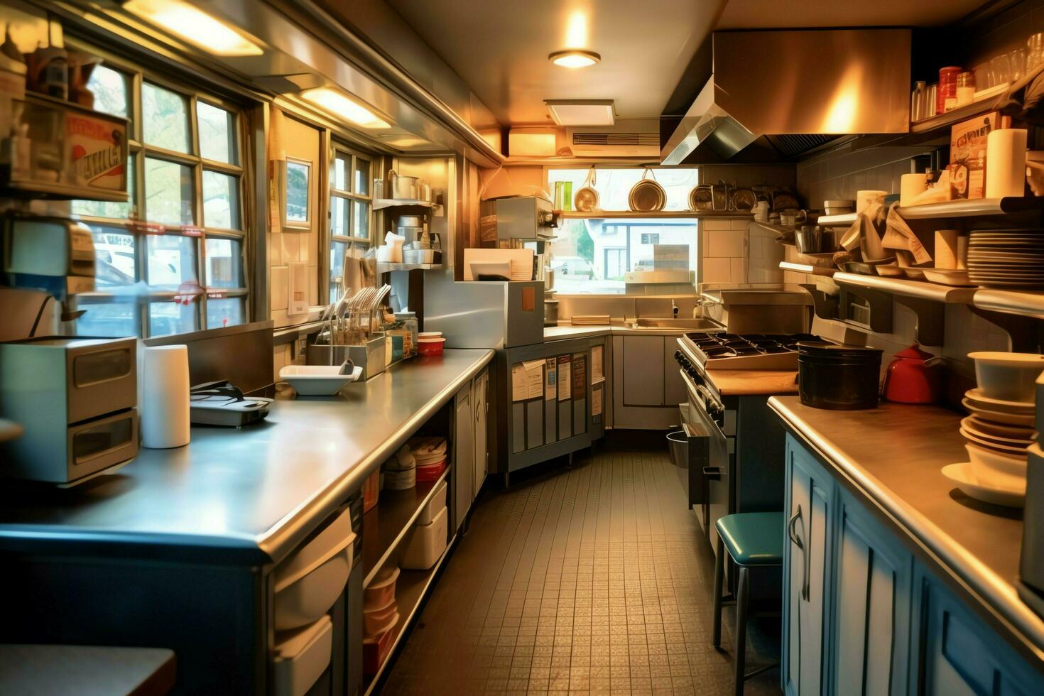 Inside clean kitchen of a modern restaurant or mini cafe with cooking utensils and small bar counter concept by AI Generated photo