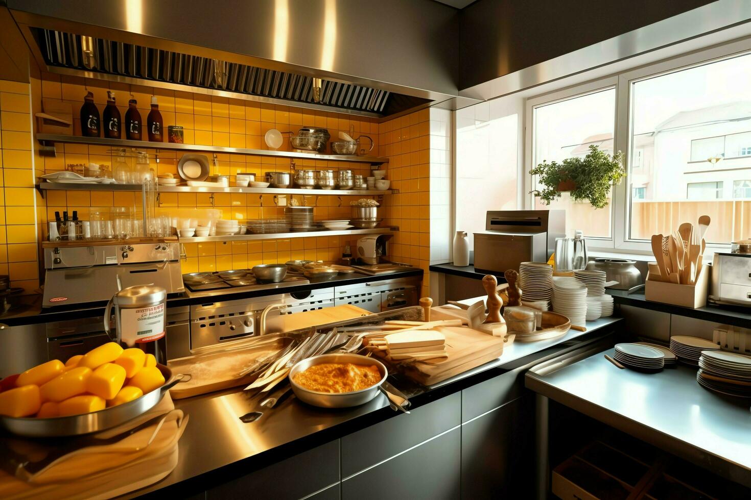 Inside clean kitchen of a modern restaurant or mini cafe with