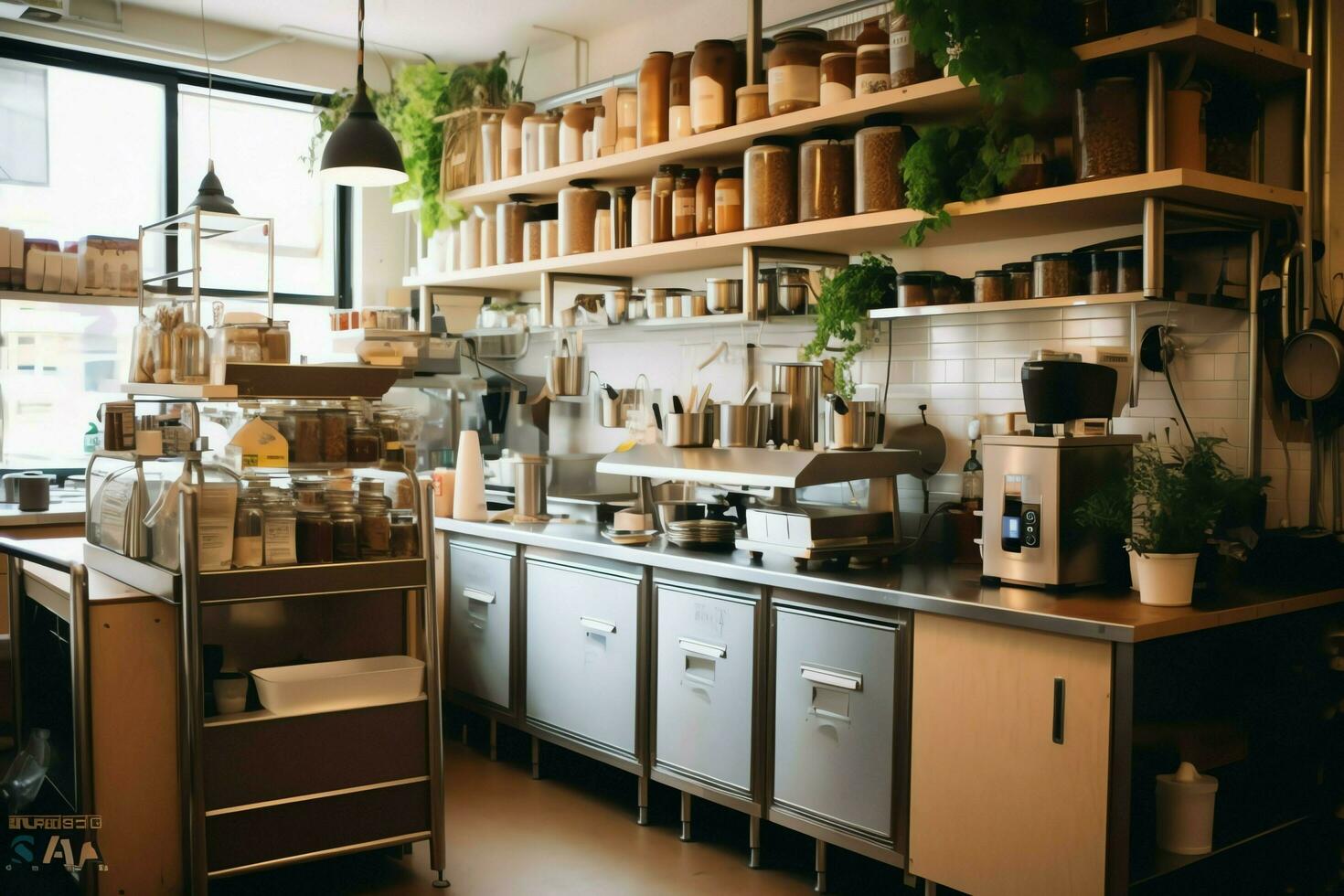 dentro limpiar cocina de un moderno restaurante o mini café con Cocinando utensilios y pequeño bar mostrador concepto por ai generado foto