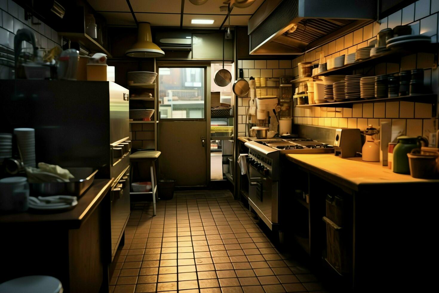 Inside clean kitchen of a modern restaurant or mini cafe with cooking utensils and small bar counter concept by AI Generated photo