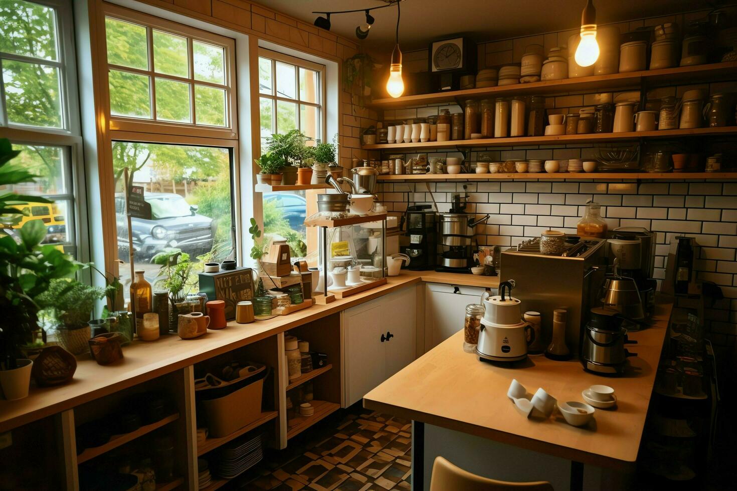 Inside clean kitchen of a modern restaurant or mini cafe with cooking utensils and small bar counter concept by AI Generated photo