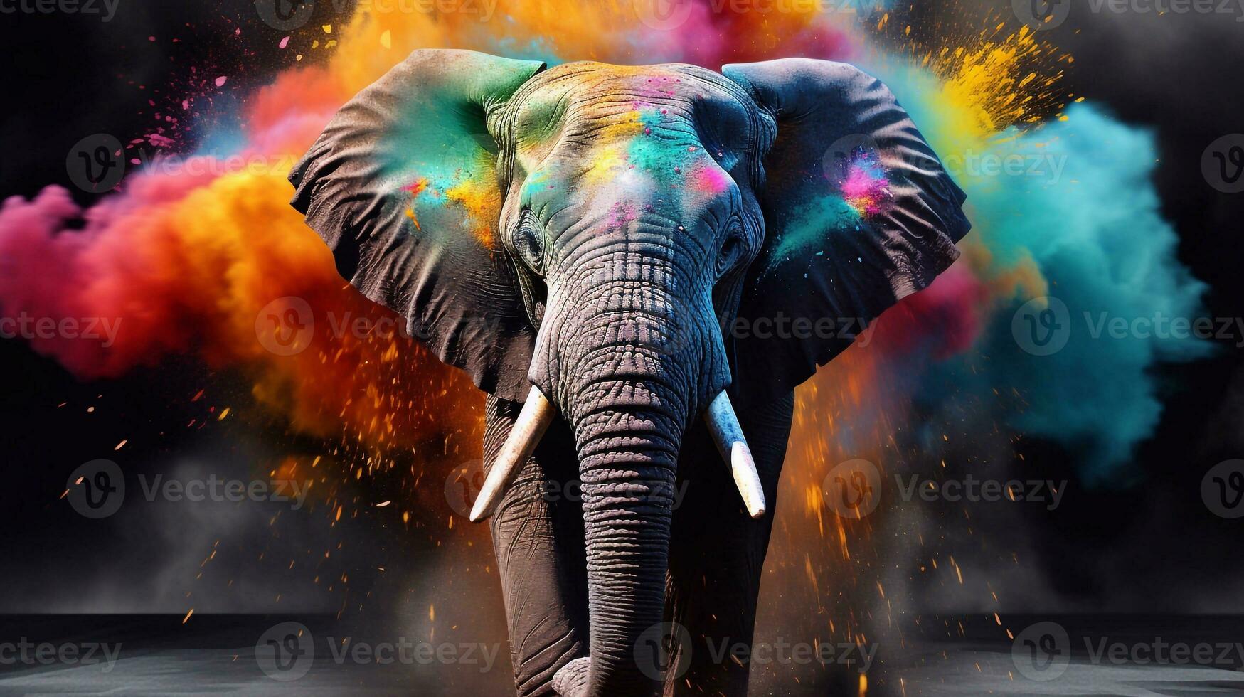 a picture of Elephant in a colorful smoke on a color background. Close up. concept holi of India. Generative AI photo