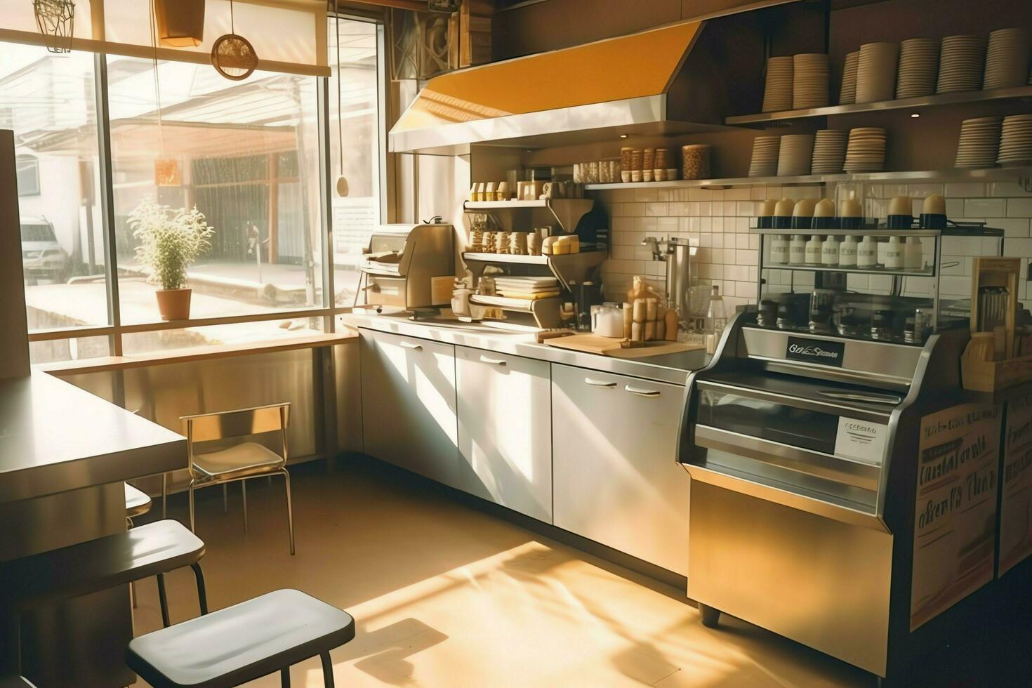 Inside clean kitchen of a modern restaurant or mini cafe with cooking utensils and small bar counter concept by AI Generated photo