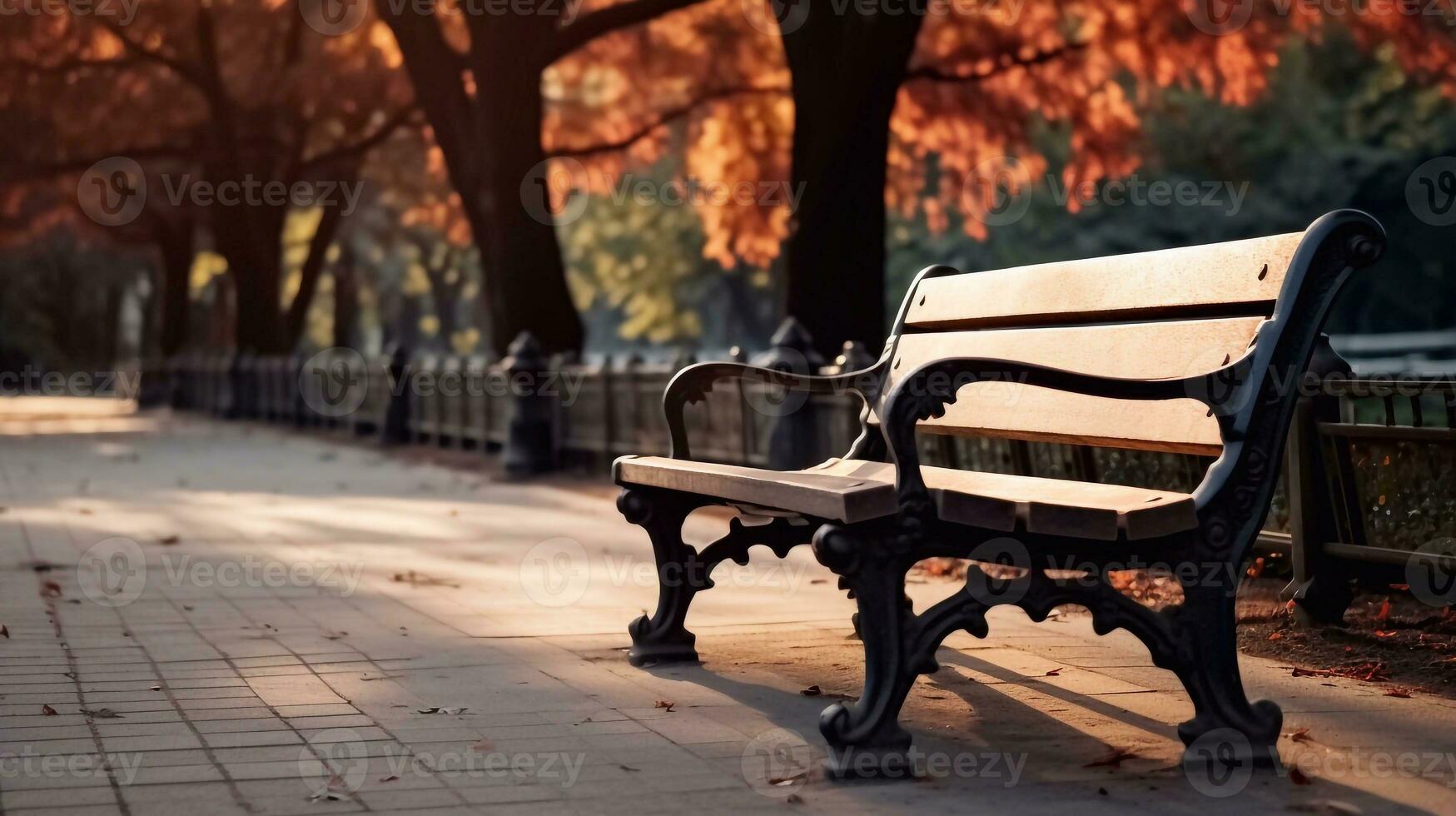 Bench in the park in autumn Selective focus on bench. garden on background Generative AI photo