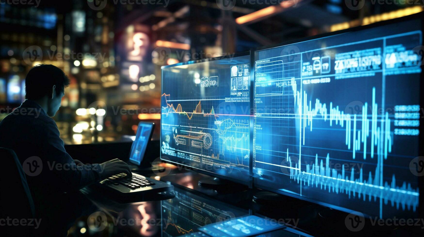 Businessman analyzing stock market data on computer screen. Double exposure. Analytical department cyber room on bokeh background Generative AI photo