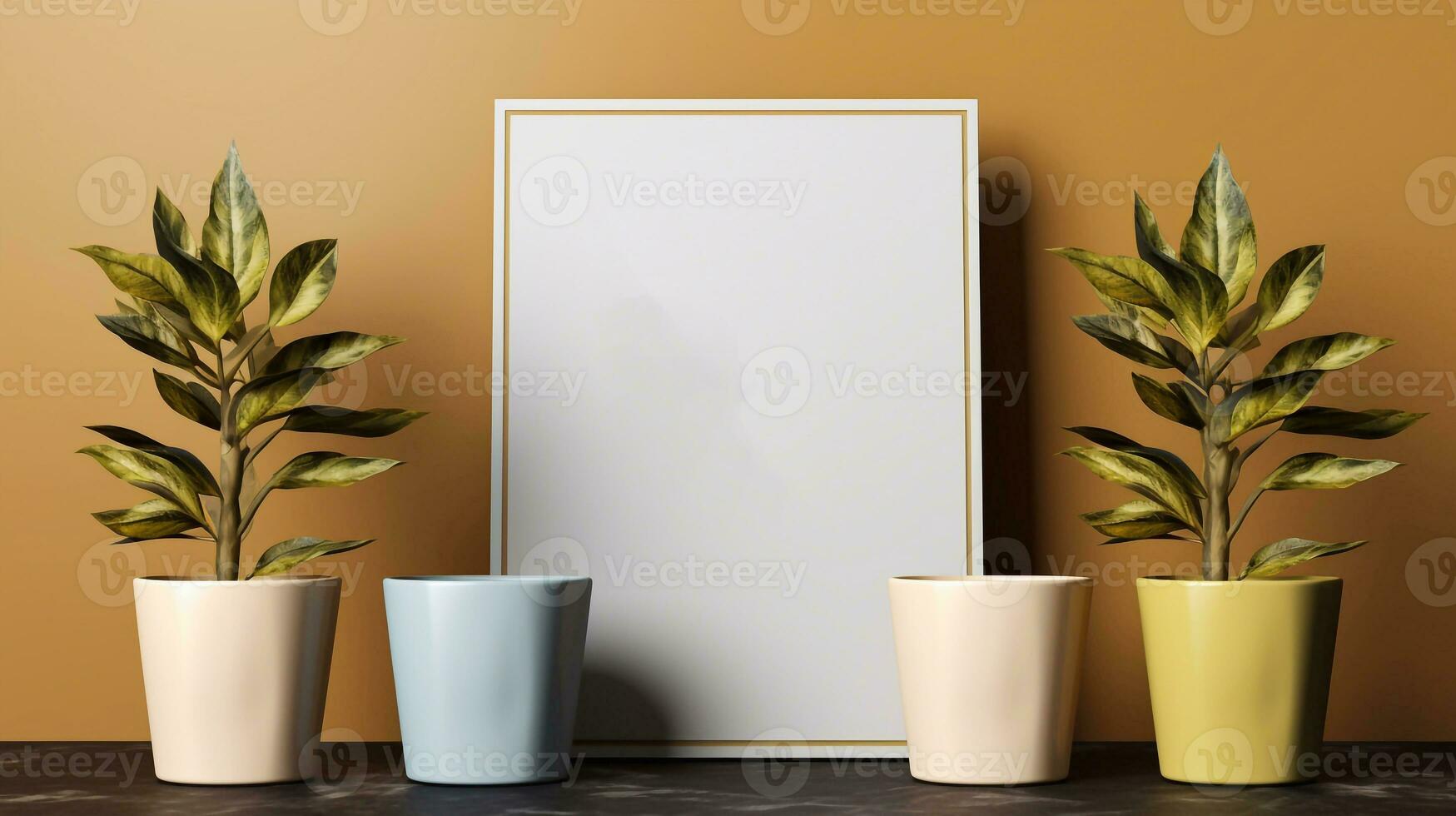 a picture of Mockup of a vertical frame with green plants in pots on a dark blue background Generative AI photo