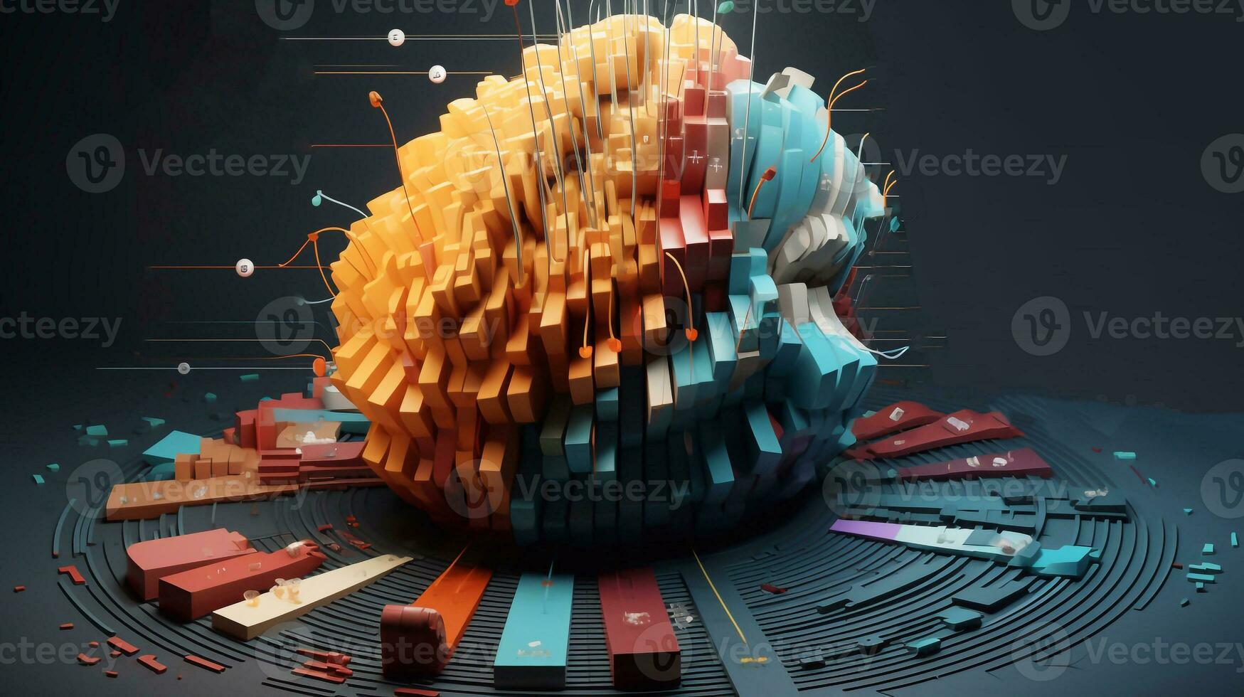 un foto de 3d ilustración de humano cerebro en resumen antecedentes con tarta gráfico y bar cartas generativo ai