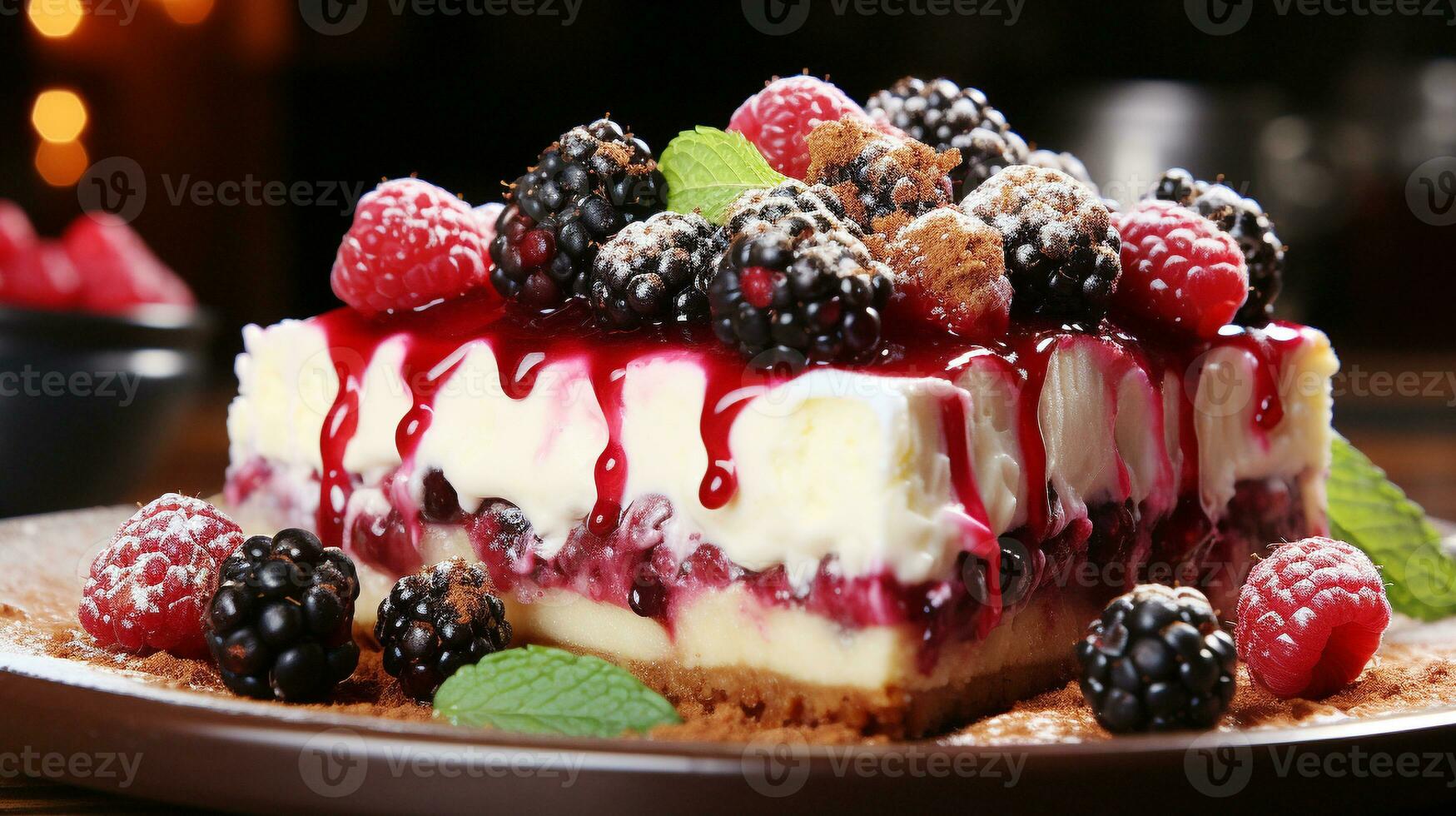 Indulgent berry cheesecake slice on wood table AI Generative photo