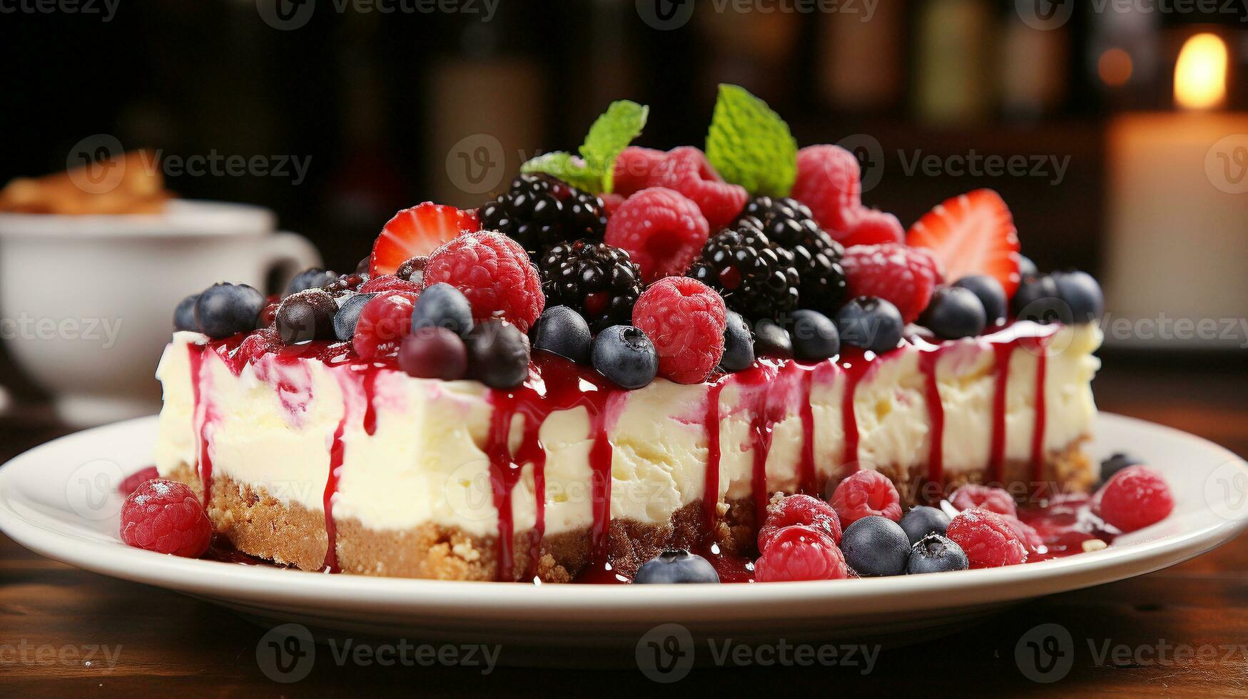 Indulgent berry cheesecake slice on wood table AI Generative photo