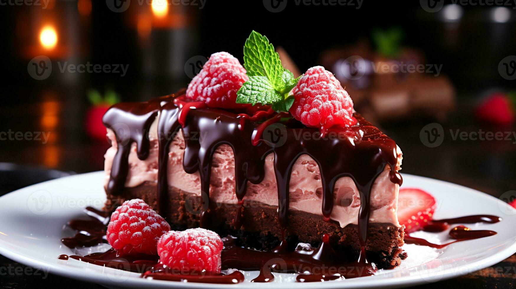 Indulgent gourmet chocolate cheesecake with fresh raspberry AI Generative photo