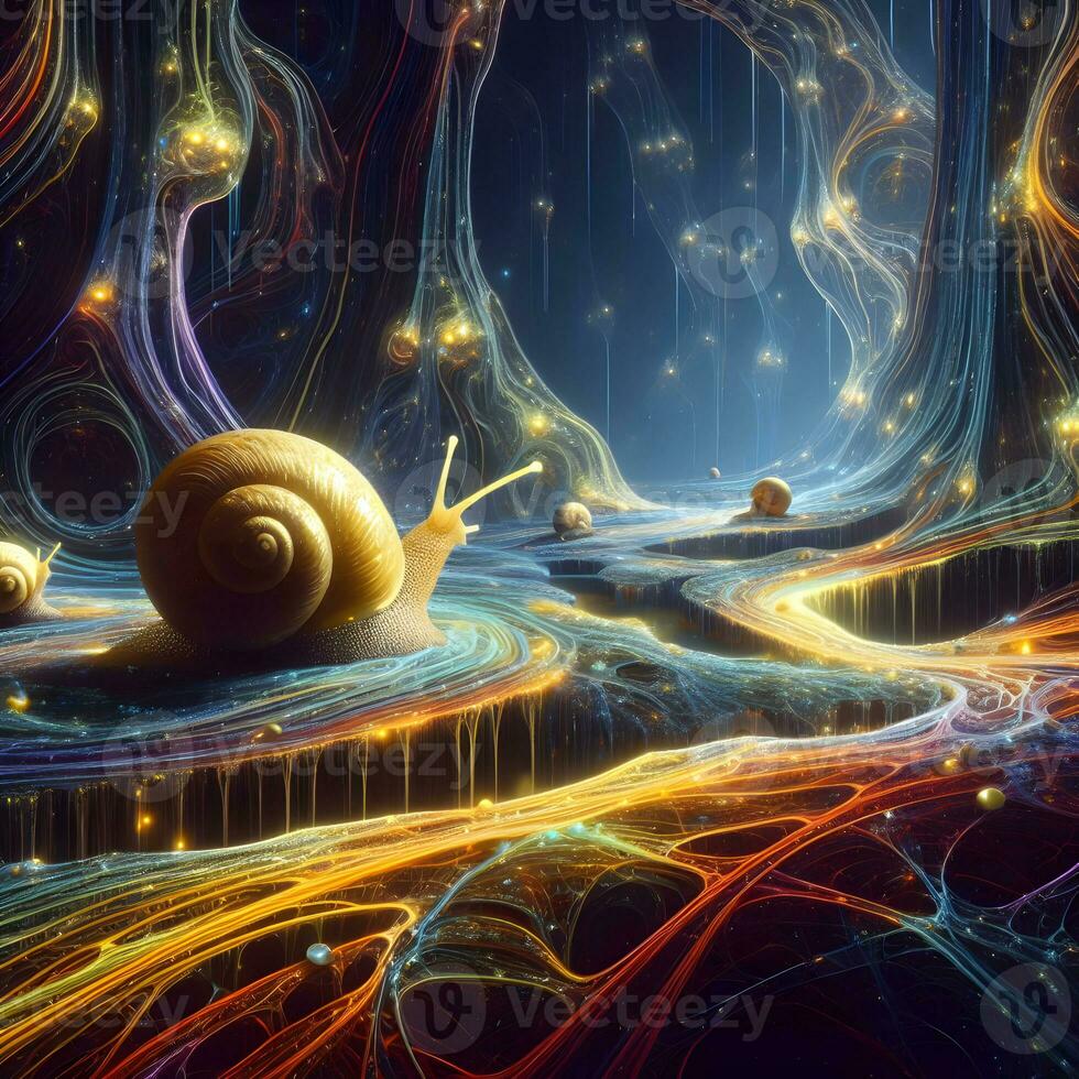 Enchanting Cosmos, Luminescent Snail Trails Transform the Fantastical Landscape. AI Generated photo