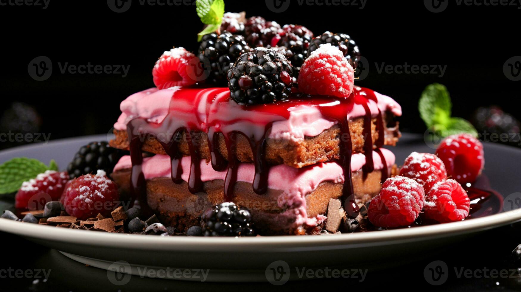 Indulgent gourmet dessert chocolate berry slice AI Generative photo