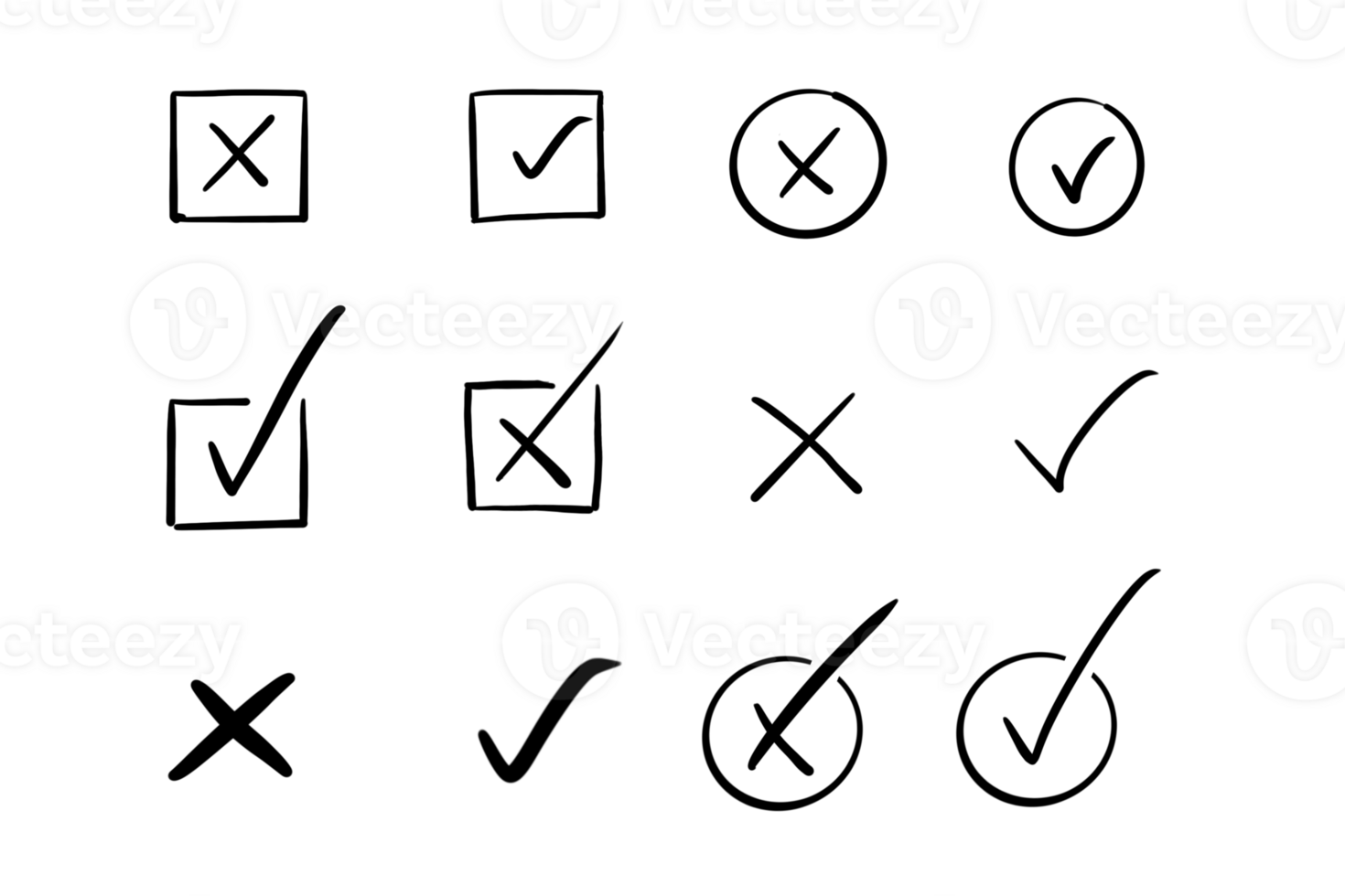 Icon set of Hand drawn check mark doodle isolated on transparent background png