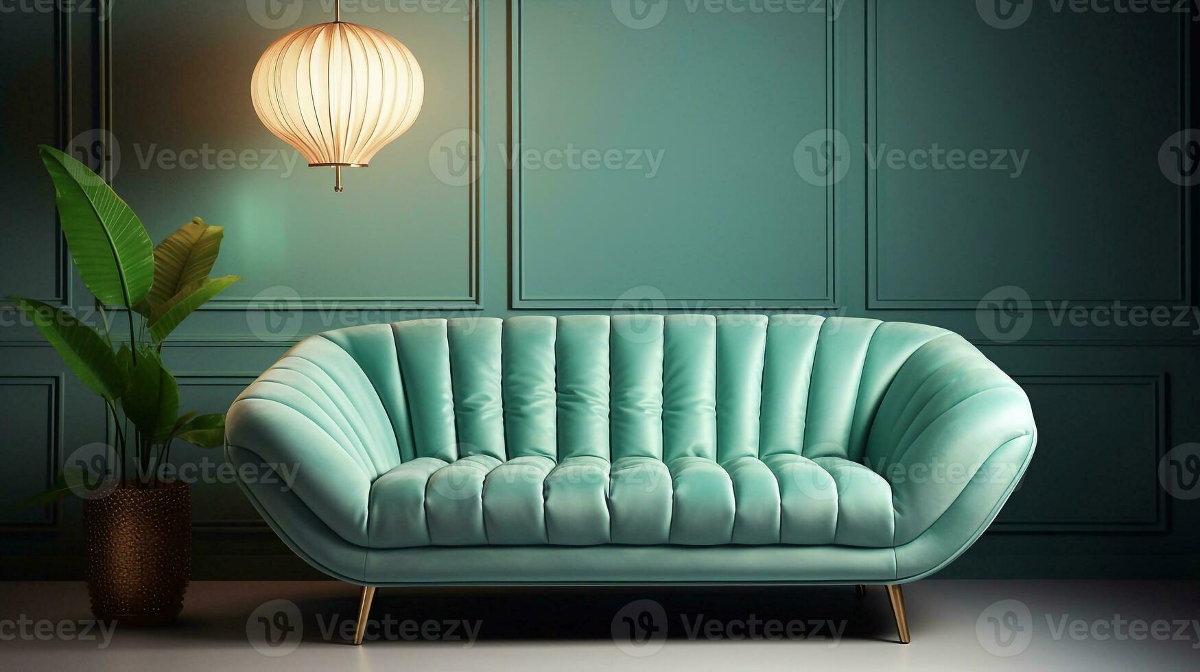 un imagen de interior con verde sofá y lámpara en el muro, 3d hacer generativo ai foto