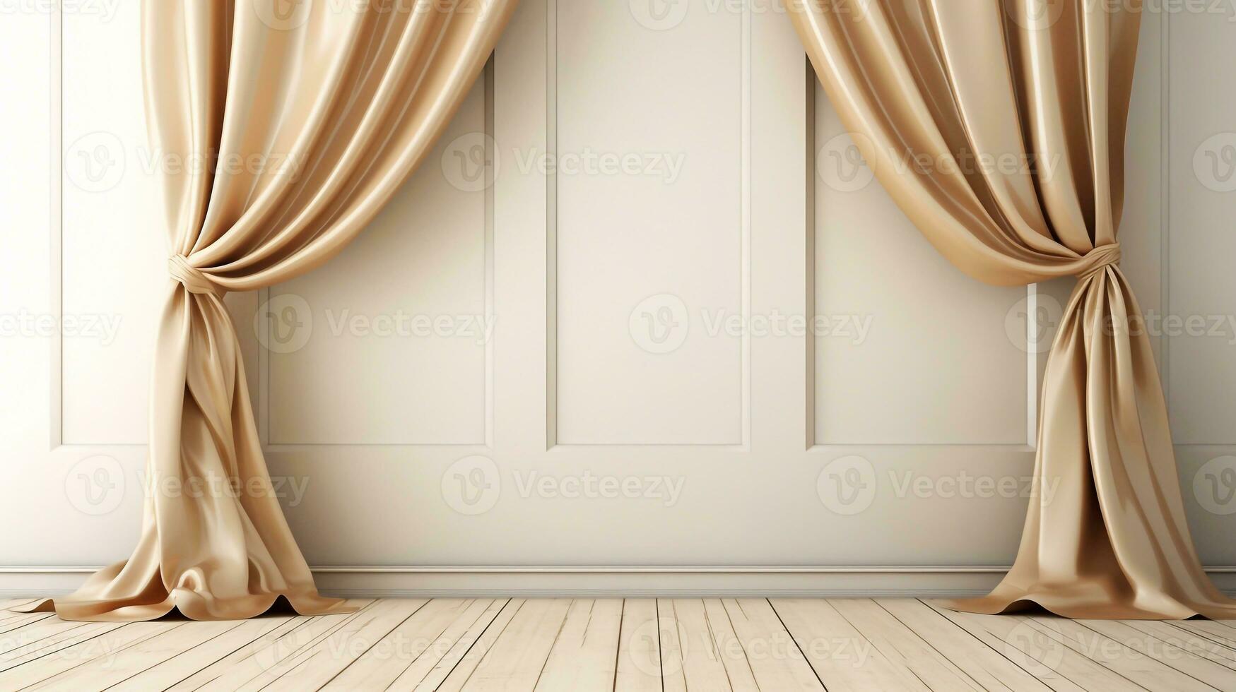 a image of 3d render of interior room with golden curtains and wooden floor. Generative AI photo
