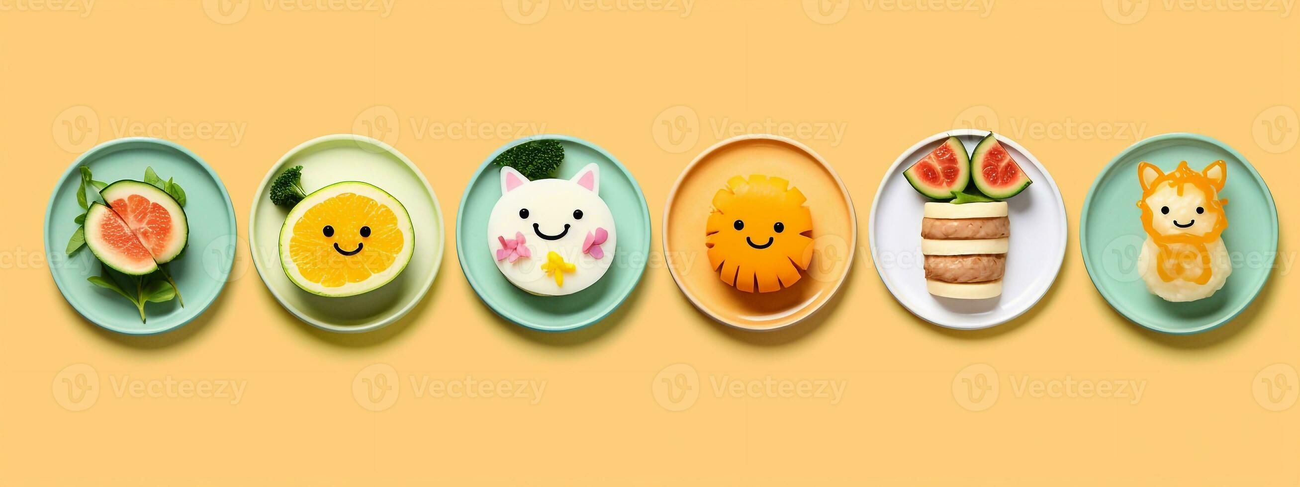 a photo of Healthy food icons in bowls on yellow background. Vector illustration. Generative AI