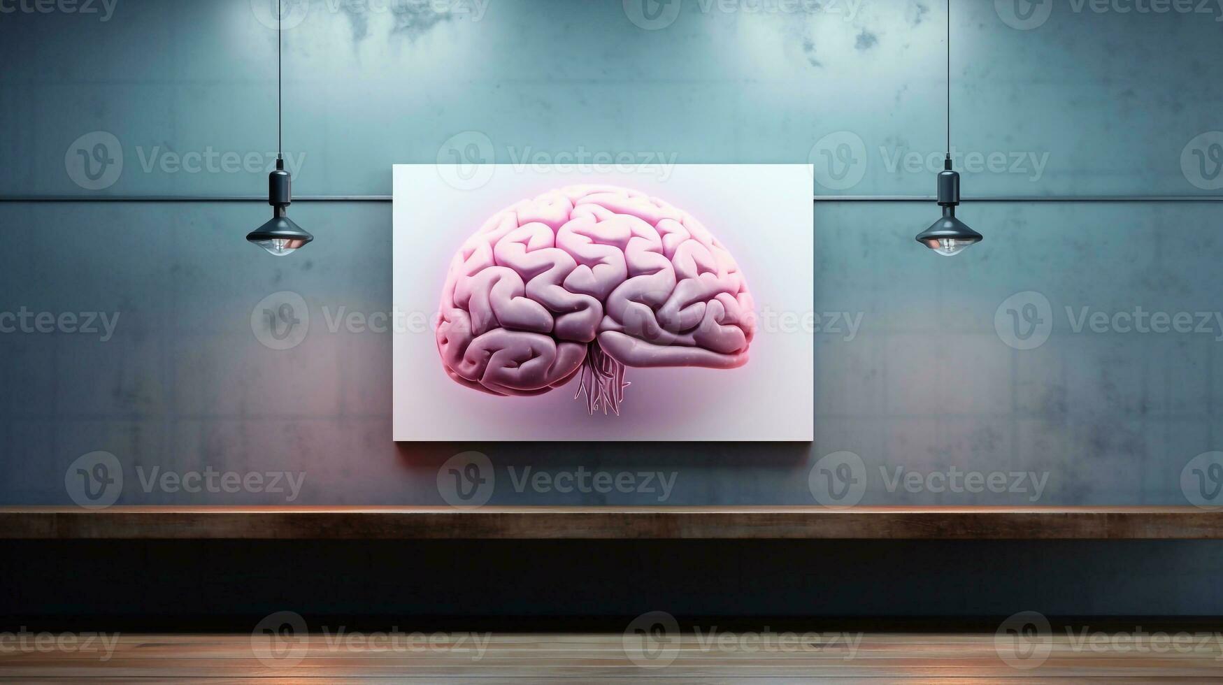 Brain in front of wall with lamp, 3d rendering. Computer digital drawing. art work, artist room Generative AI photo