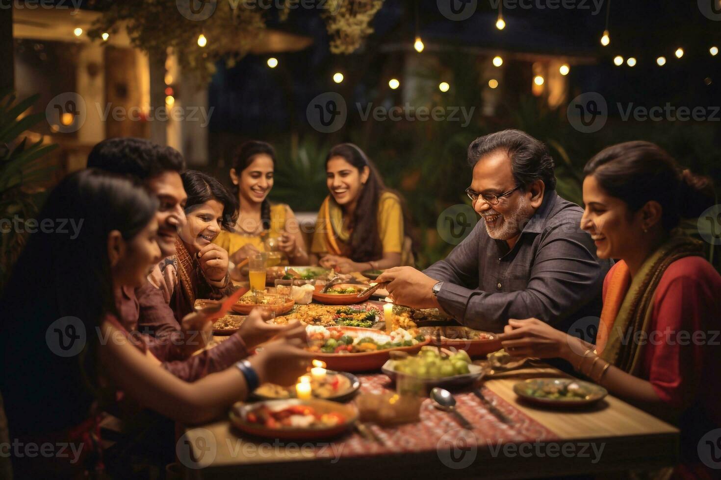a image of Indian family having dinner together at home in the evening, india on bokeh background Generative AI photo
