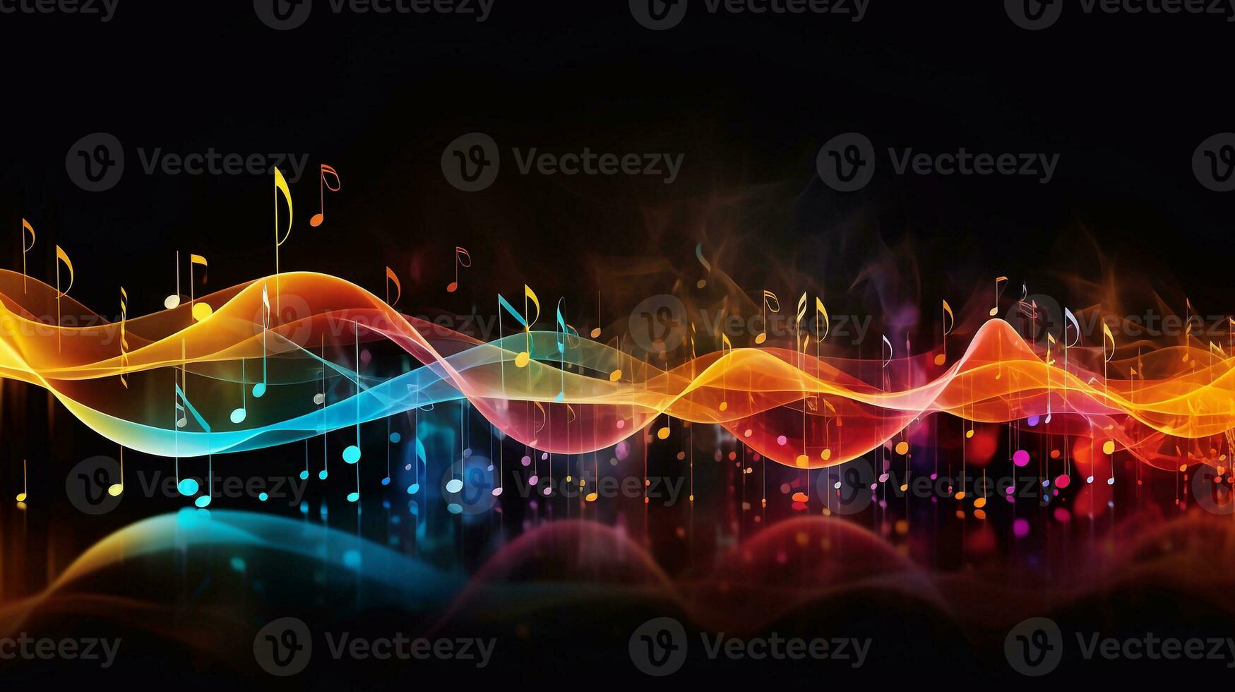 a picture of abstract music background with notes and bokeh lights, illustration music icon song time wavy shape Generative AI photo