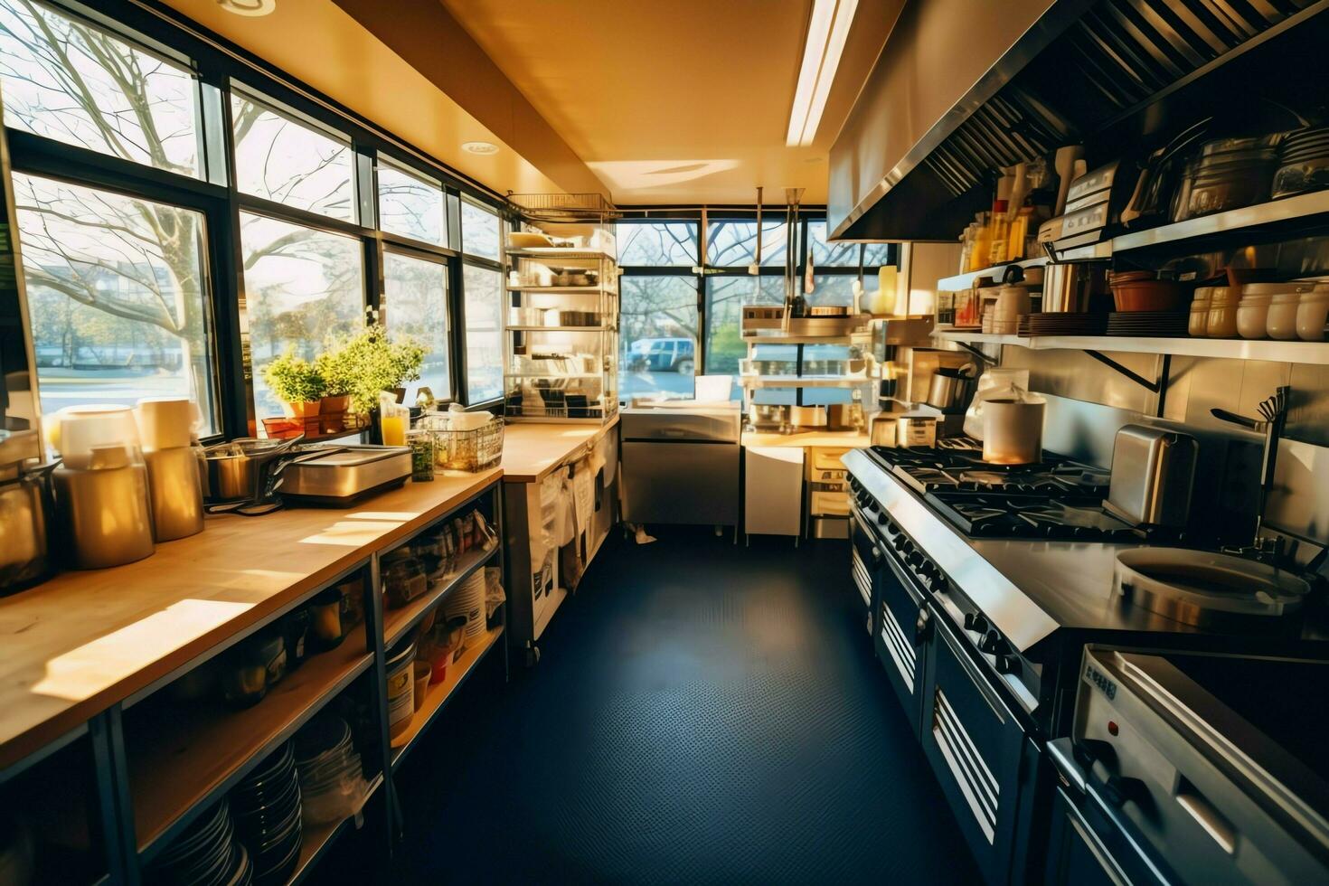 Inside clean kitchen of a modern restaurant or mini cafe with cooking utensils and small bar counter concept by AI Generated photo