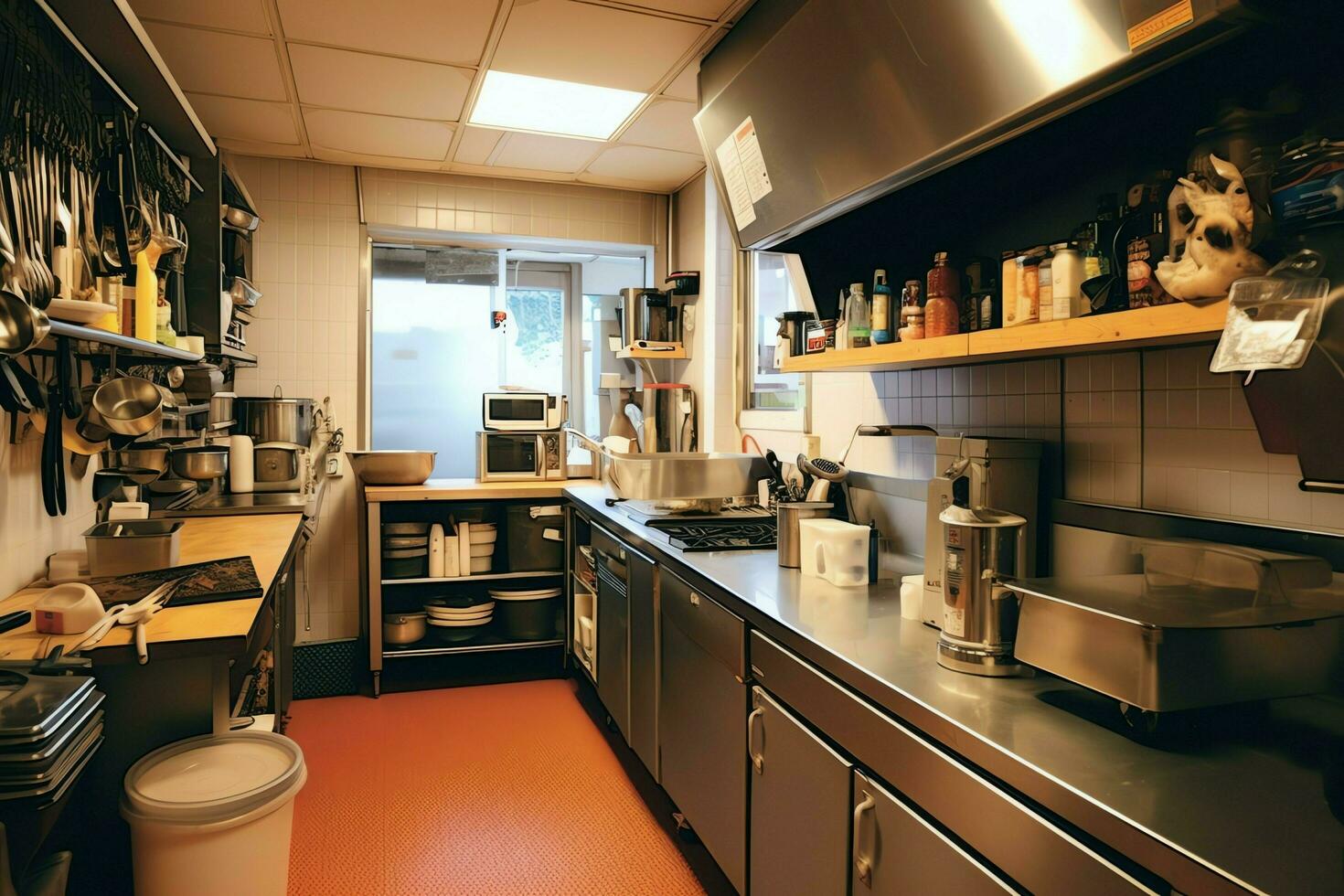 Inside clean kitchen of a modern restaurant or mini cafe with cooking utensils and small bar counter concept by AI Generated photo