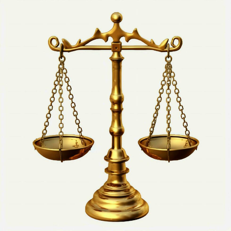 Clásico oro equilibrar escala medida o ley justicia símbolo. abogados día o mundo día de social justicia concepto por ai generado foto