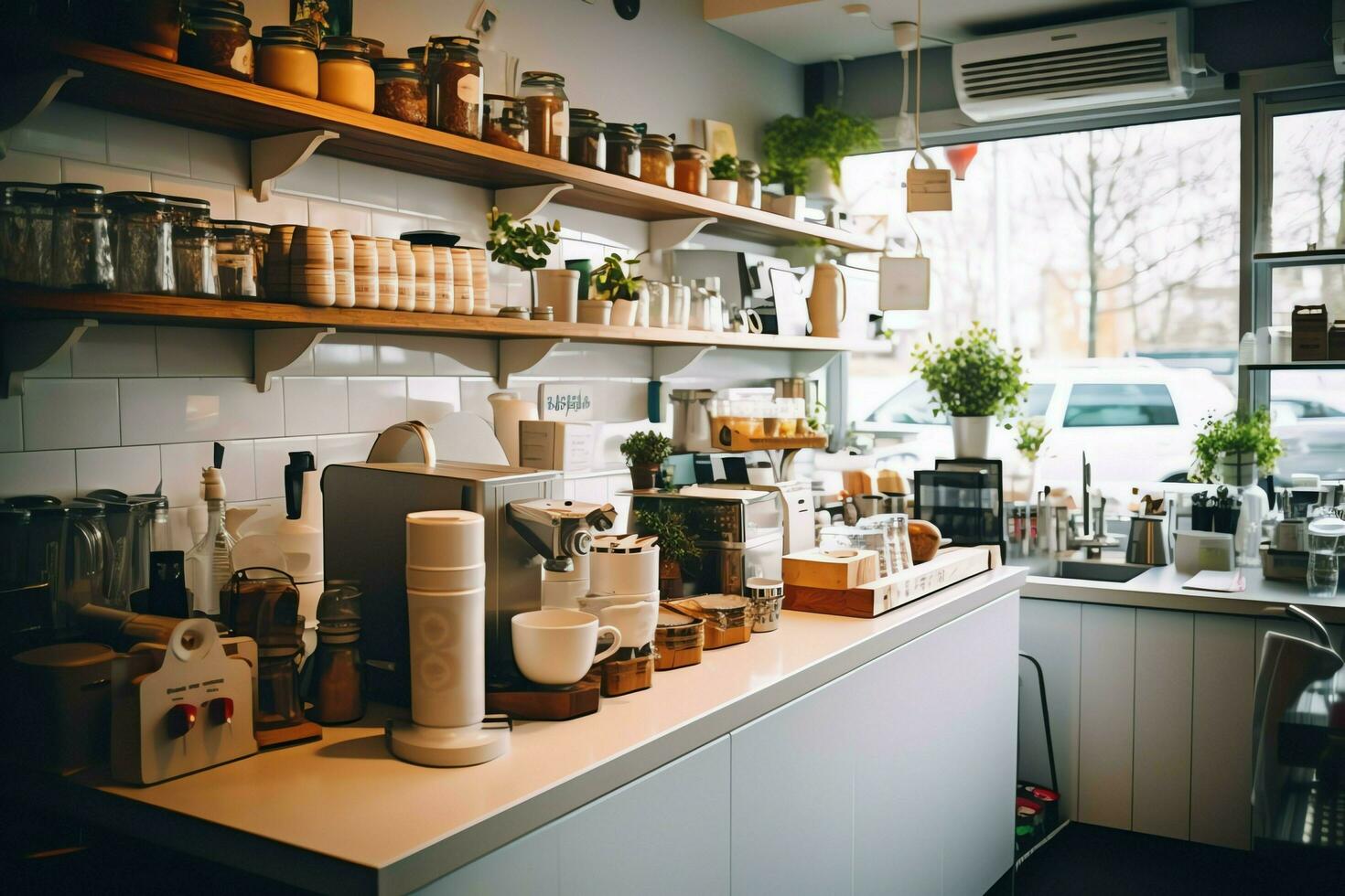 dentro limpiar cocina de un moderno restaurante o mini café con Cocinando utensilios y pequeño bar mostrador concepto por ai generado foto