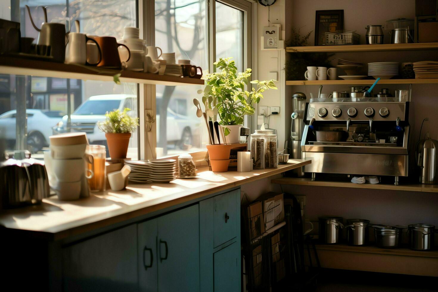 dentro limpiar cocina de un moderno restaurante o mini café con Cocinando utensilios y pequeño bar mostrador concepto por ai generado foto