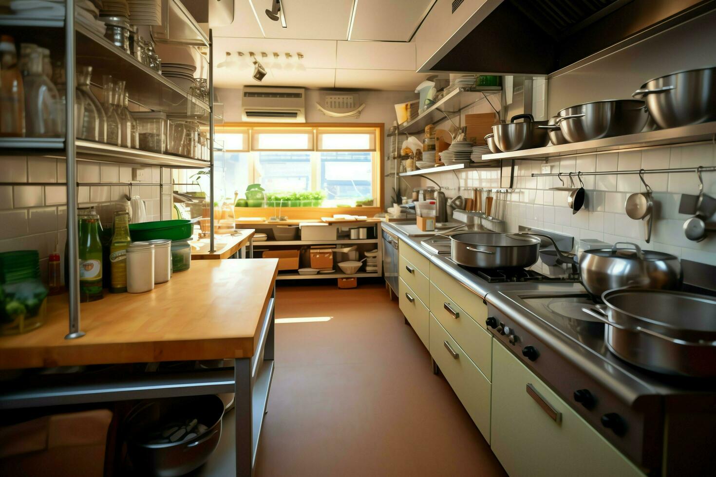 Inside clean kitchen of a modern restaurant or mini cafe with cooking utensils and small bar counter concept by AI Generated photo