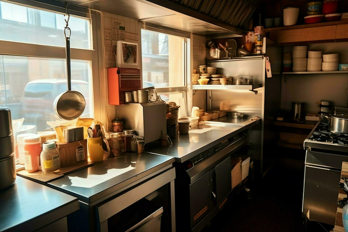 dentro limpiar cocina de un moderno restaurante o mini café con Cocinando utensilios y pequeño bar mostrador concepto por ai generado foto