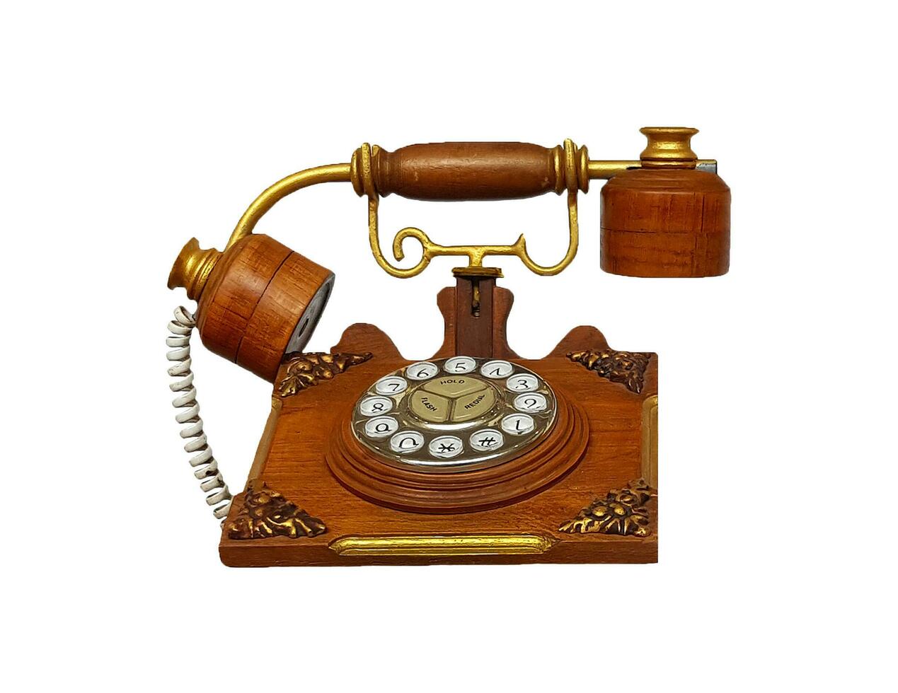 Vintage phone, Wooden telephone isolated on white background with clipping path. Communication and Old technology in retro style. This object made by wood with a redesign concept photo