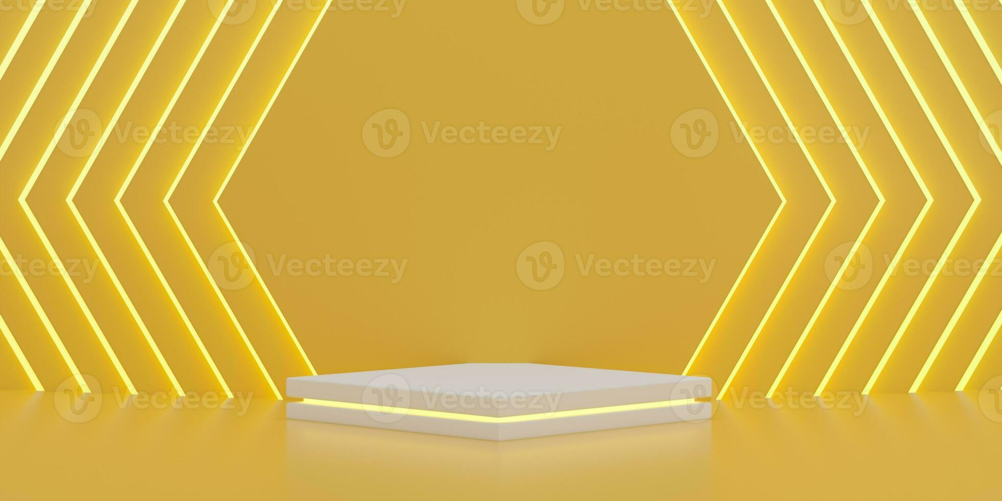 Yellow scene with empty podium with neon rings in the shape of hexagons. Scene for product showcase, promotional display and exhibition. photo