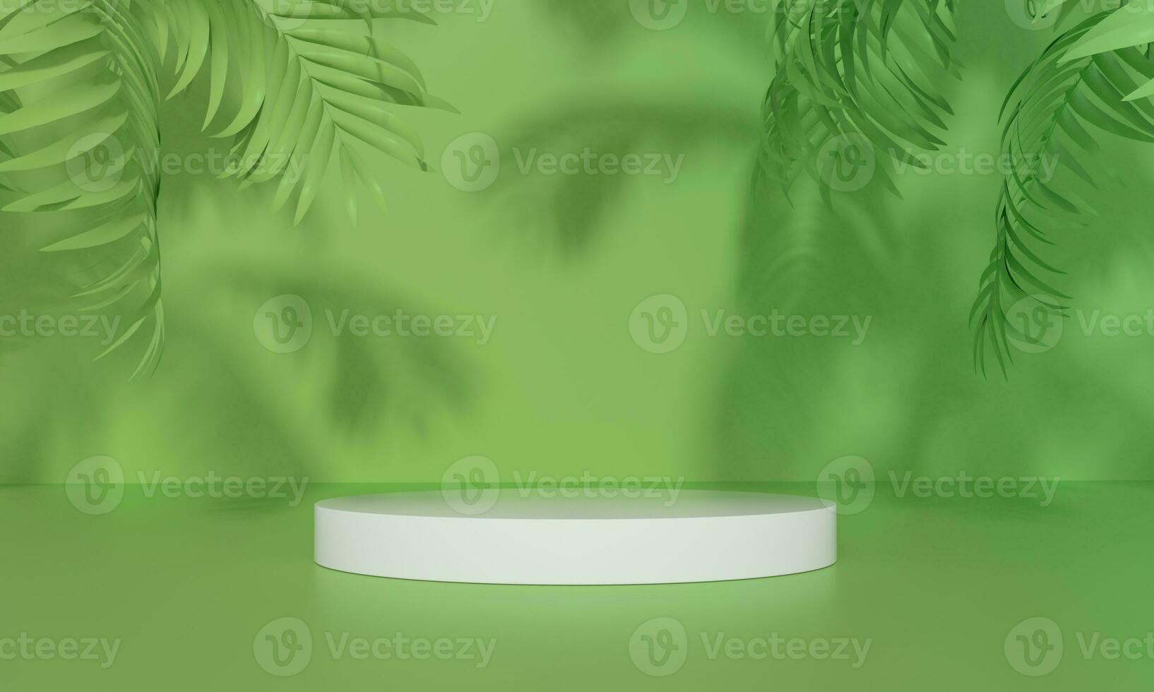 Podium with natural light and shadow palms on green background for product display. Empty podium platform. sustainability concept. photo