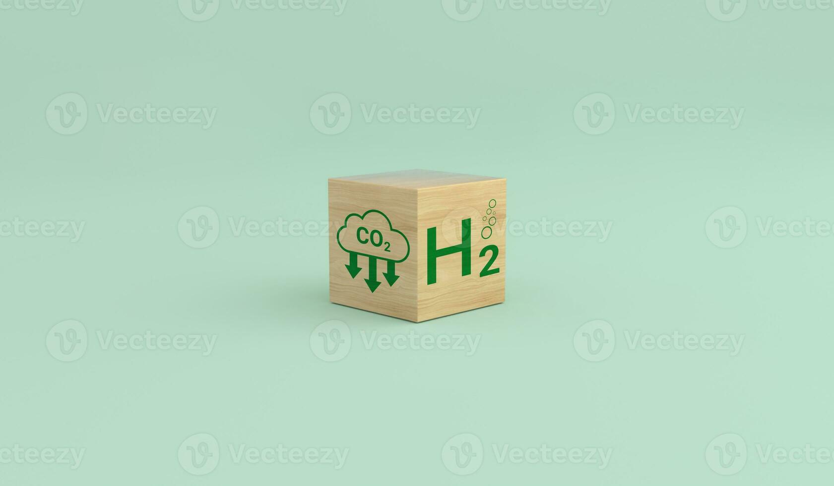 Wooden cube block with icons of H2 and carbon emissions.Sustainable Green Energy. photo