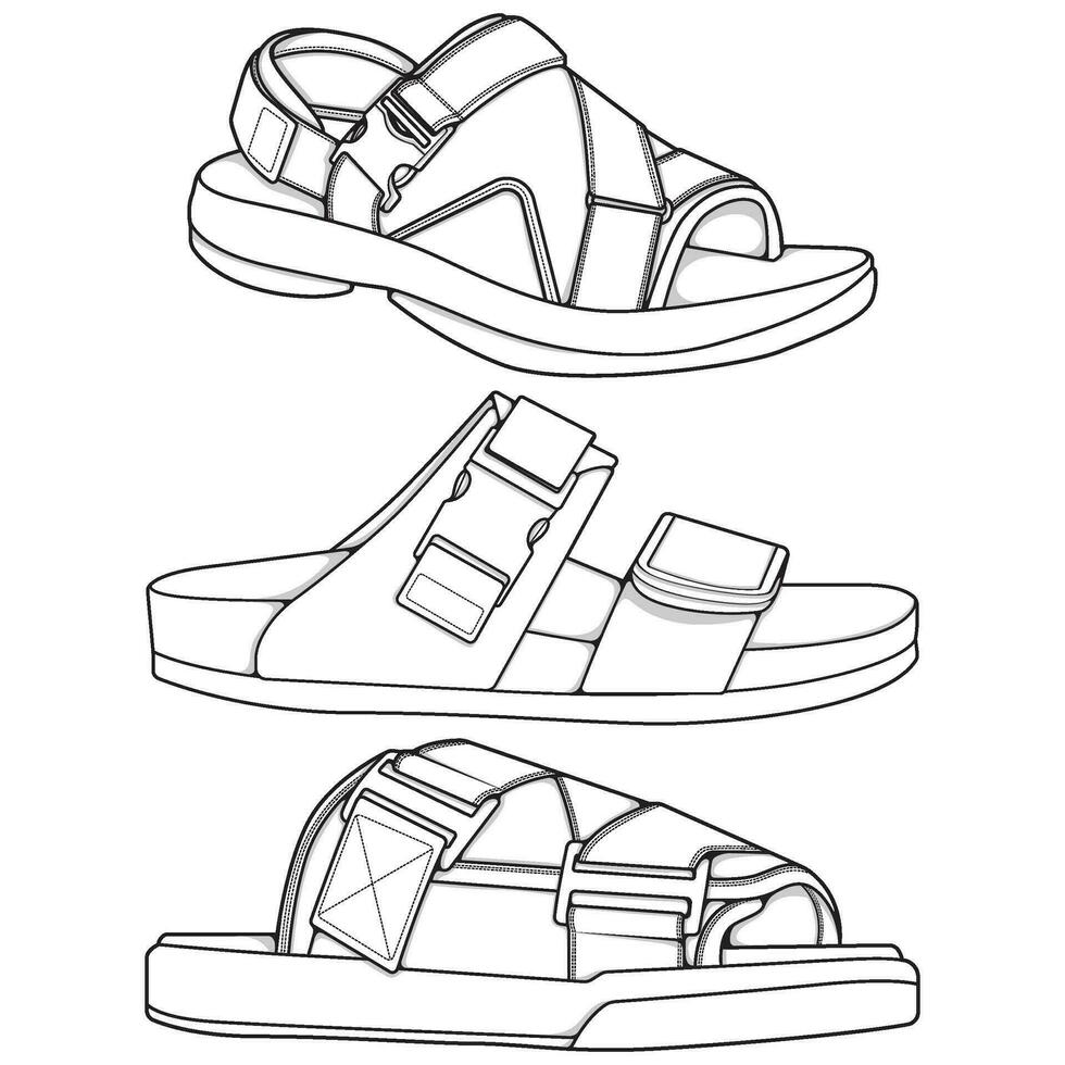 Strap sandals outline drawing vector, strap sandals drawn in a sketch style, bundling strap sandals template outline, vector Illustration.