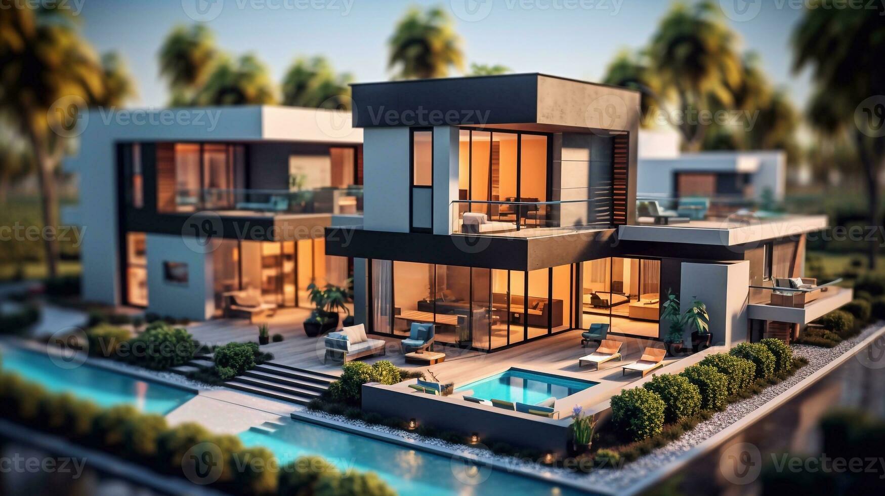 a image of 3d rendering of modern cozy house with pool and parking for sale or rent in luxurious style. Generative AI photo
