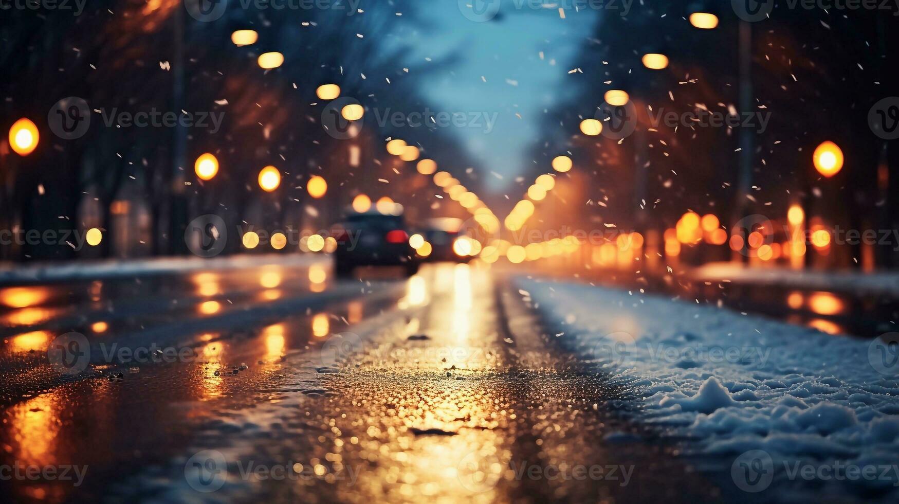 a image of Night city road with traffic lights and falling snow, winter landscape. Generative AI photo