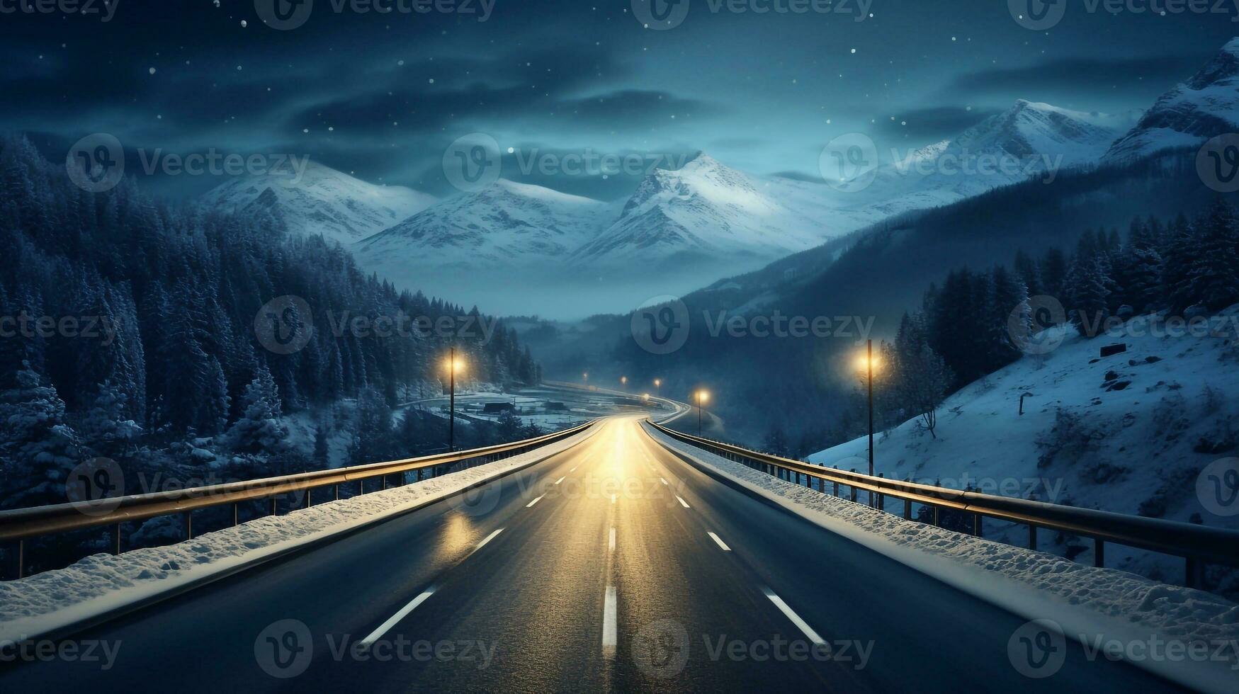 a photo of Asphalt road through the snowy mountains at night. 3d rendering Generative AI