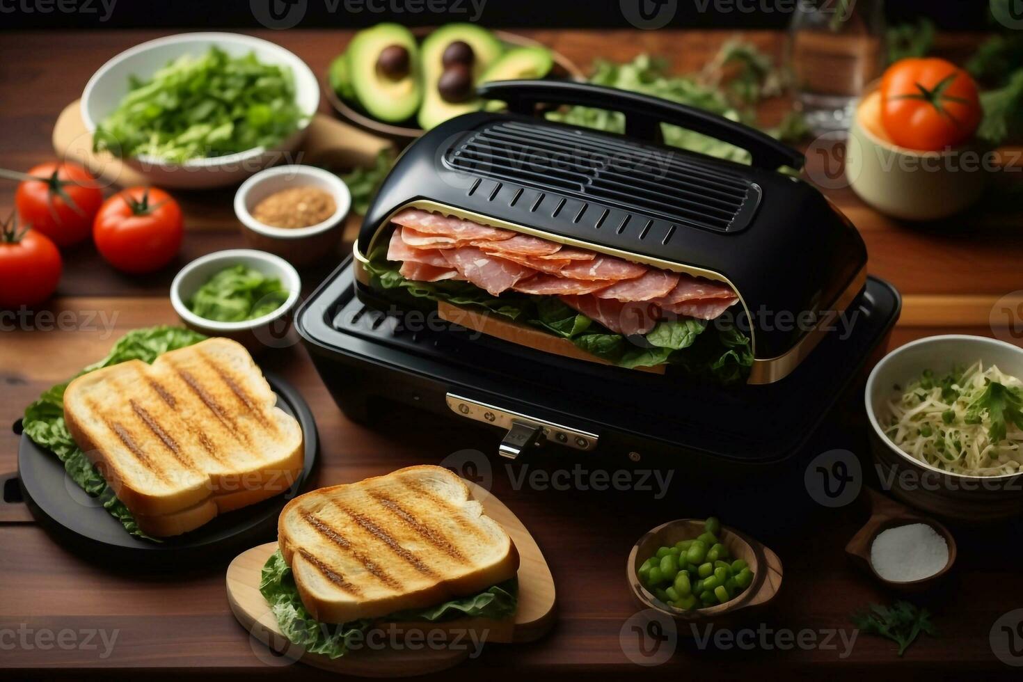 un imagen de tostado un pan emparedado con jamón, queso y vegetales en de madera mesa generativo ai foto