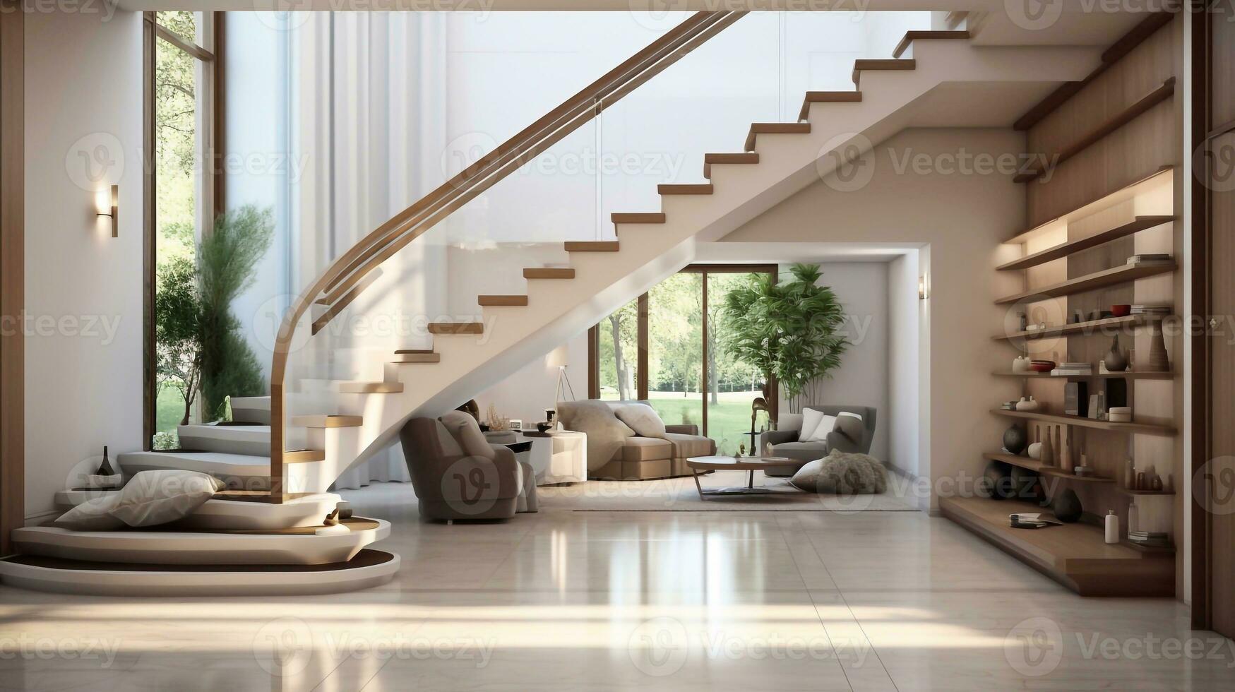 a image of Luxury interior design of living room with stairs. 3D rendering Generative AI photo